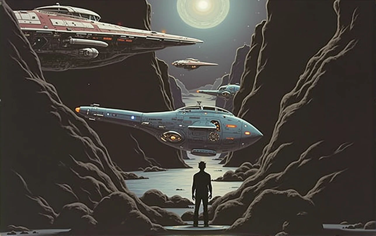 spaceships and ships in a space station with a star in the background, moebius art, noriyoshi ohrai masterpiece, moebius illustration art, moebius artwork, by Noriyoshi Ohrai, art of moebius, ralph mcquarie, ralph mcquarrie concept art, ralph mcquarrie. centered image, by Moebius, a close up of a man standing in front of a spaceship, artist katsuhiro otomo, by Philippe Druillet, geof darrow art, 8 0 s sci - fi comic art, katsuhiro otomo, geoff darrow, inspired by Philippe Druillet, kastuhiro otomo, moebius artwork