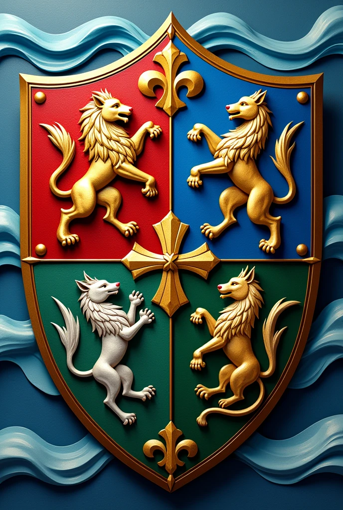 Create a family shield divided into four, with a red Calatrava cross charged with five silver scallops and azure and silver wave tips, rampant lion and the green tablecloth, goat on a field of gold, golden fleur-de-lis and a black wolf of saple, with the colors red, dorado, blue and green