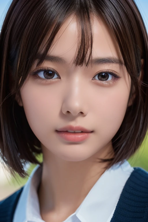 ((masterpiece, Highest quality, High resolution)), 1 Japanese girl, (Realistic: 1.4), Great face, 15 years old, Glossy lips、short hair, (Beautiful Hair:1.5),White down jacket、 School classroom, Angle from the front, Highly detailed CG composite 8K wallpaper, High resolutionのRAWカラー写真, Professional photography, Light, BackLight, dream-like, impressive, Written boundary depth, (Face close-up:1.5)