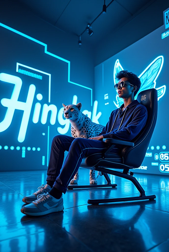 Create a 3D illusion for a profile picture where a handsome 20 year old young man with sunglasses and a blue and black lightning dress sits relaxed on a helicopter fantasy. With HandPanch hand blue neon light. And a fierce White Cheetah by my side. Wearing sneakers, he looked ahead. The background features a large &#39;Mingkak&#39; in the large Light Game Room and a large blue neon light font on a large black wall.. There should be no shadow, and there are wings to be made