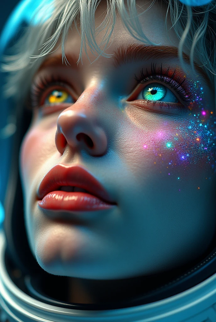 (Close-up of a better masterpiece:1.5)0.9], (Space and astronauts:1.2) (Messy silver hair:1.1) (Heterochromia xanthochromia and blue eyes:1.2) (Space Helmet:1.0) (Colored stars in the eyes:1.0) (A radiant glow:1.1) (thick lips:0.9)