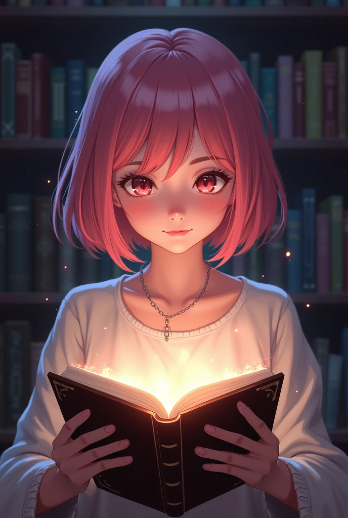 Girl about 18 years old with short pink shoulder length hair reading a magic book, that will transport you to a fantasy world where kings and queens exist