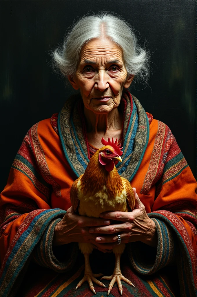 Uman damle, baroque art, , mysterious, provocative, Symbolic, complex, detailed, (masterpiece, Maximum quality, elderly Mexican indigenous Otomi woman, with Mexican woven shawl, held a chicken, high contrast,.very dark,. style photos of, uman damle, 