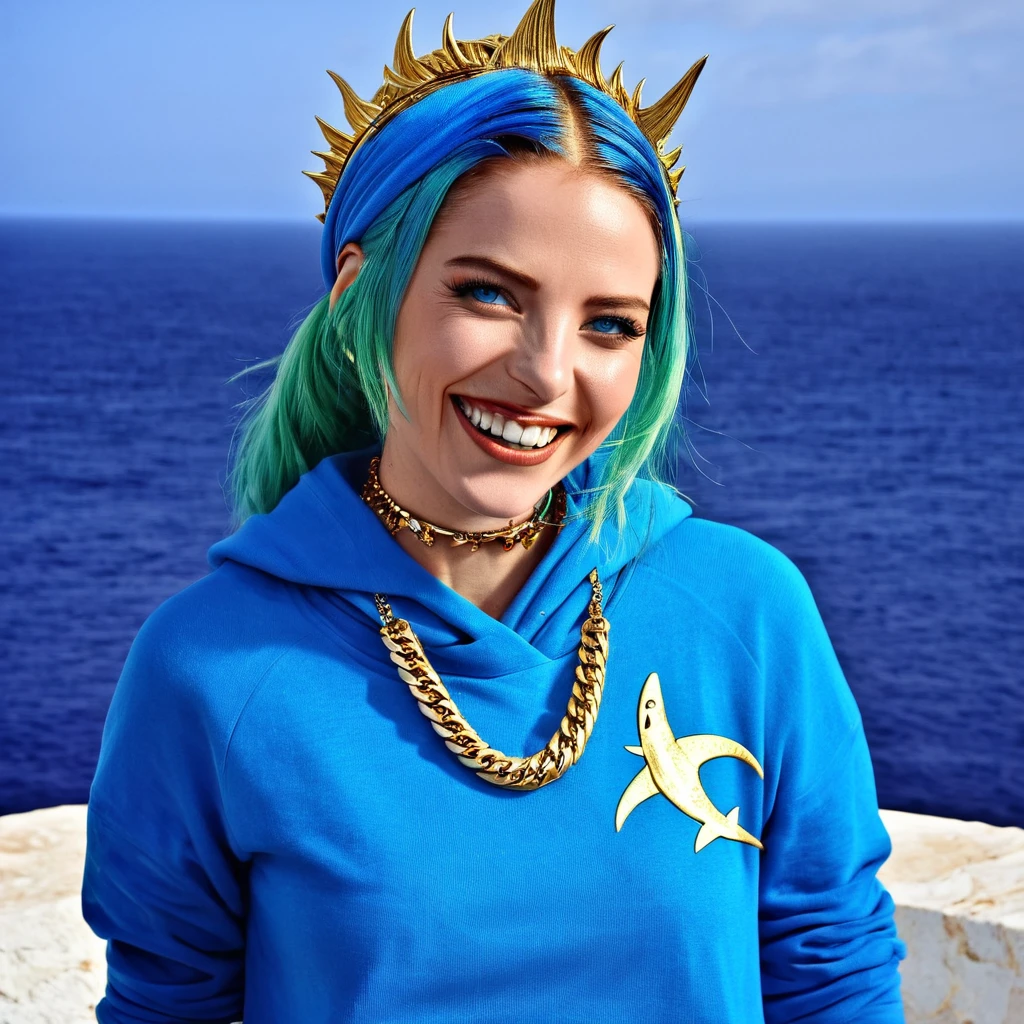(masterpiece, best quality),  intricate details,, 1woman,     Gura, multicolored hair, blue eyes, shark hair ornament, gold hair ornament, gold choker, gold bracelet, sharp teeth, grin, blue hoodie,,  greek clothes, peplos,