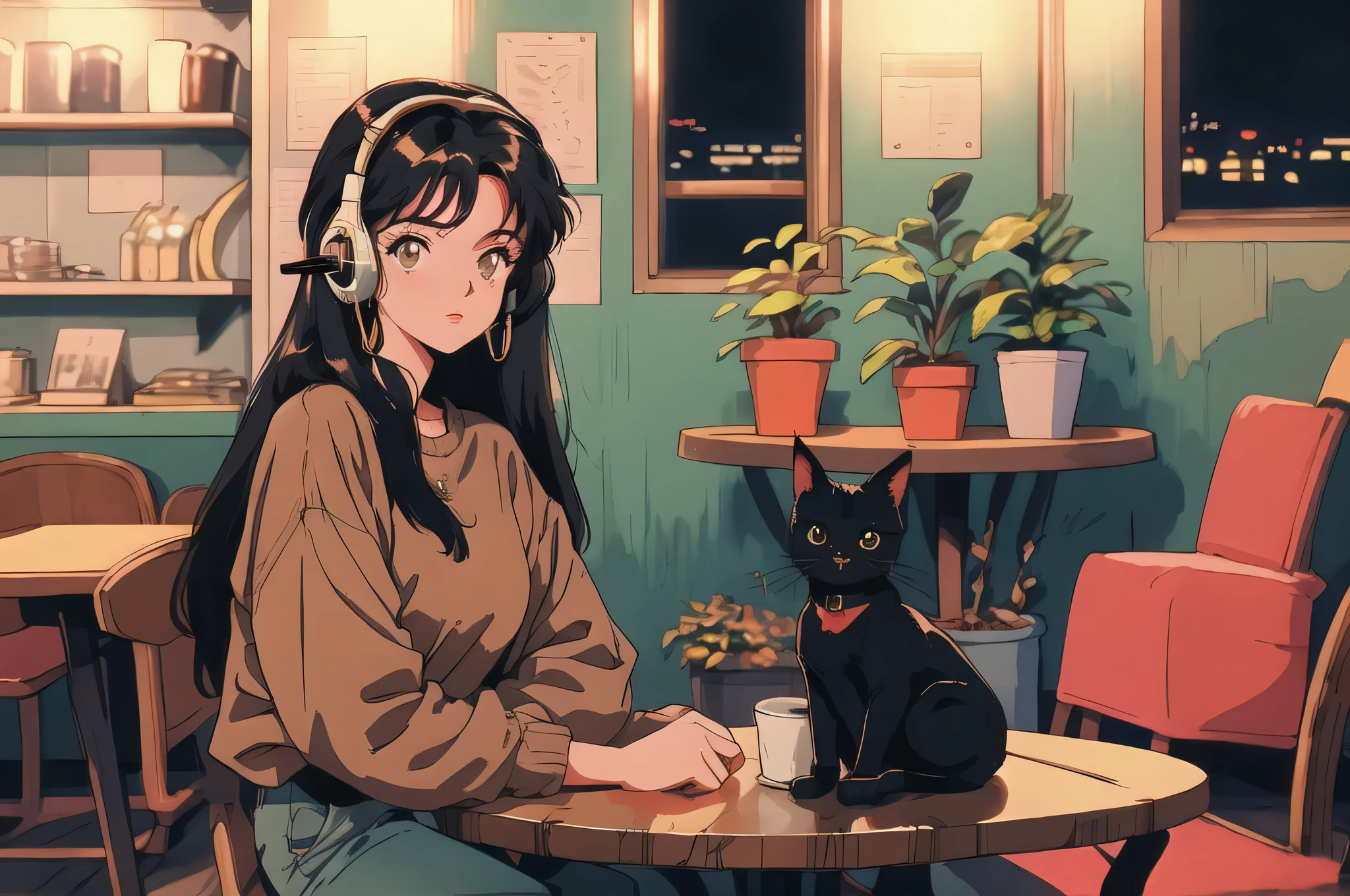 Highest quality, 8k, 1990s style,Hairstyles of the 2010s, 21 year old girl, Black Hair, Long Hair, Light brown eyes, City Pop, pants ,Night view, Wear headphones, whole body, Relax Coffee,table,making,look at me, Black cat