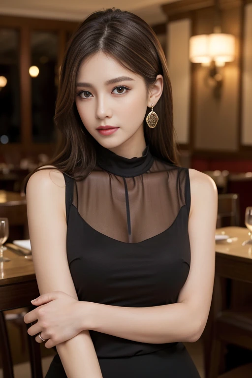 masterpiece, Highest quality, Realistic, Very detailed, Finer details, High resolution, 8k wallpaper, One beautiful woman, Wear an elegant black see-through blouse, In a great restaurant, At ht, Light brown hair, Perfect dynamic composition, Beautiful and beautiful eyes、Big earrings、Sleeveless shirt、(((whole body)))