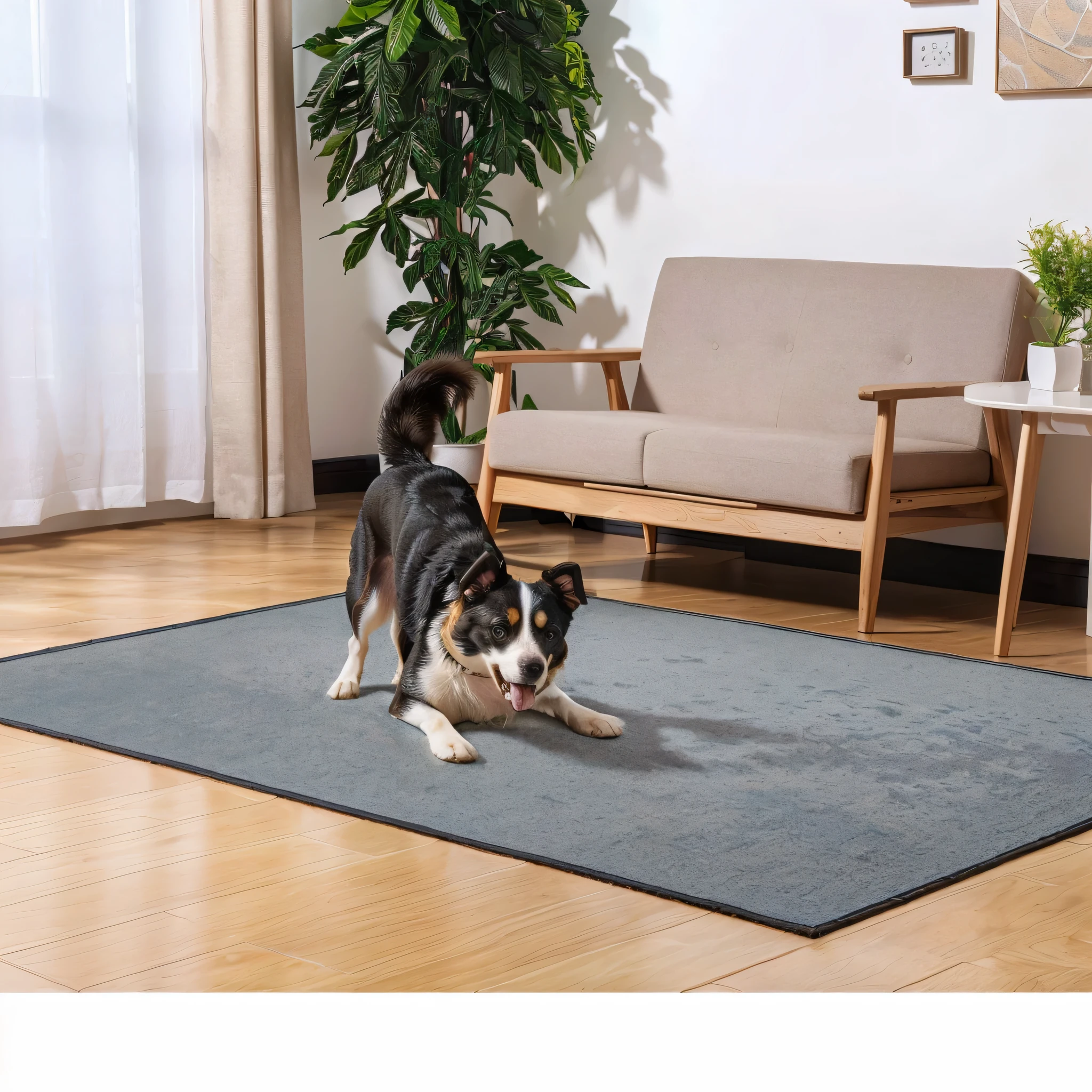 There is a dog playing with toys on the floor, There is a gray pet diaper blanket on the floor,Ease of use, 1080P, Wide and high angle views, Looks smart, Detailed wide angle shot, 1 6 x 1 6, pet, Ultra Detailed, Ultra Detailed, Powerful details, Place in the living room, very detailed and high quality,Natural light and shadow