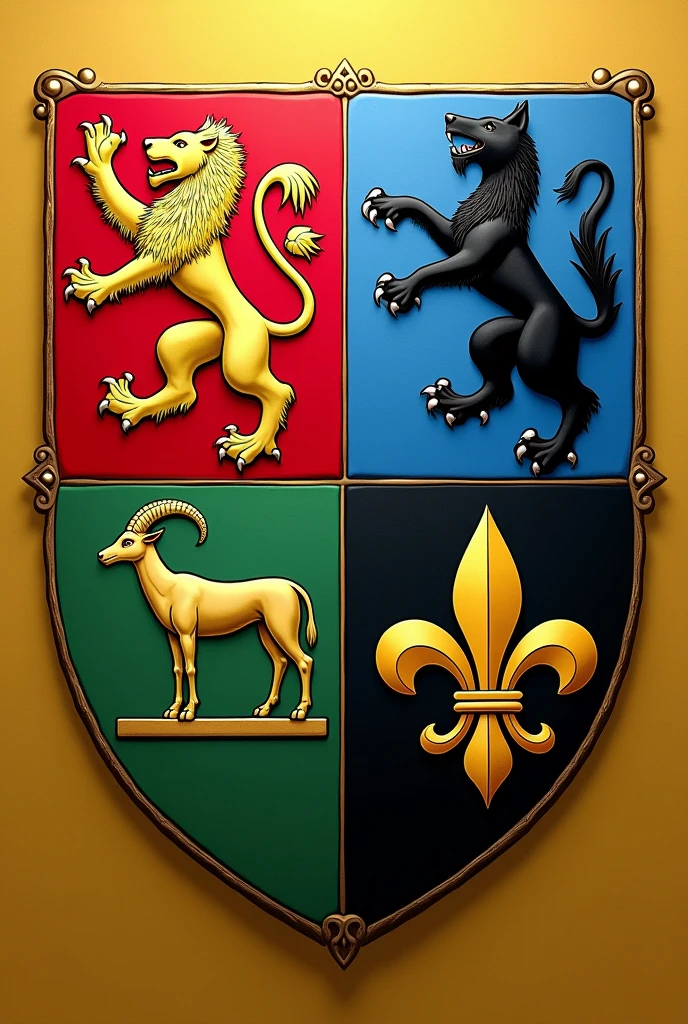Create a family shield divided into four, with a red Calatrava cross charged with five silver scallops and azure and silver wave tips, rampant lion and the green tablecloth, goat on a field of gold, golden fleur-de-lis and a black wolf of saple, with the colors red, dorado, blue and green