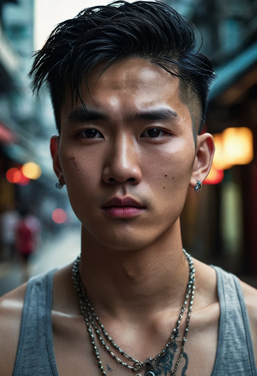 (dystopian horror science fiction style:1.5) (close shot, zoomed in upper body portrait:1.3) photo of a smirking, (closed mouth:1.5) ecstatic (punk with tattoos:1.1) 20 year old (Cambodian:1.1) man with short black hair, black eyes, (eyeliner:0.9), (pores:0.5), (goosebumps:0.5), (film grain:0.9).
He is wearing a (nightmare dystopian scifi:1.1) (coral strappy tank top and shorts, combat boots:1.1).
He is walking facing towards camera, in a (nightmare dystopian scifi:1.1) (high tech science fiction:1.3) market, (dark:1.1), (dim:1.1), (gloomy:1.1), midnight, foggy.
detailed skin texture, detailed cloth texture, detailed face, (intricate sharp details:1.1), ultra high res