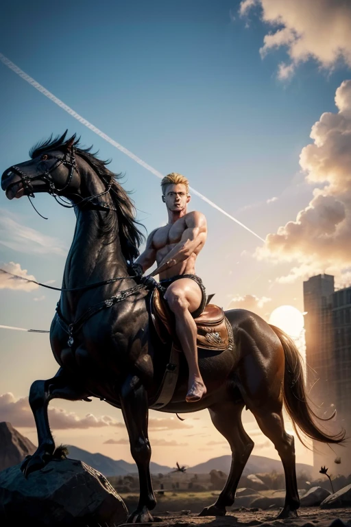 amazing illustration of the god Apolo, blondie hair, Perfect beauty, perfect and muscular body, ultra realisitic, {Sun, Black Snake, griffin and black crow in the background}, 8 k quality,