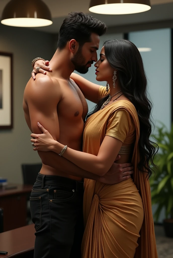 1 handsome and attractive Indian man with sexy Indian married woman bit chubby wearing a saree with golden metallic blouse, the saree is wet. Both are hugging pose. The woman is tanding on the left side of the man. In office. Hyper realistic image detail image. woman standing on left of the man with her navel visible. They are in office meeting room background
