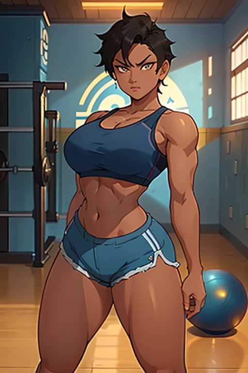 8K, (best quality, masterpiece:1.3), (detailed:1.2), 1girl, solo, ((26 year old, tanned bronze skin:1.02, short black hair:1.3, Detailed Amber eyes:1.03, Detailed face, medium breasts, narrow waist, wide hips, curvy (Wearing: Blue Sports bra, Blue Shorts:1.2)), (midriff), (agile physique:1.1), (Character Focus),Perfect Anatomy, Looking at Viewer. (Defensive pose), female fighter, martial artist, (Ideal ratio body proportions:1.1), she's looking directly at the camera with a (fierce, dangerous, determined) gaze. (Background: Indoors, Gym),