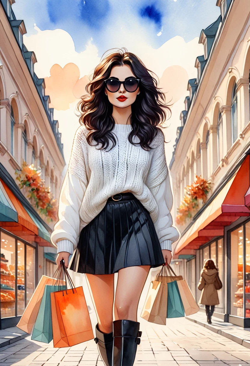  kawaii style, masterpiece, best quality, solo representation of a russian woman with wavy black hair wearing sunglasses, looking straight at the viewer. She is wearing a white sweater paired with a black skirt and long black boots. The scene is depicted as a cartoon-style watercolor illustration. She is actively shopping, surrounded by various stores and shopping bags, creating a lively and dynamic environment