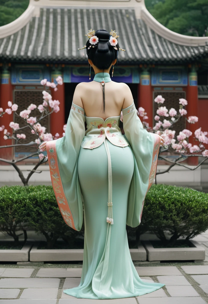 
The image of a Qing Dynasty Empress with her bare buttocks visible. The background is the stone paving outside a Chinese palace during the Qing Dynasty. Only her large buttocks are sticking out. She is either wearing underwear or not. Her protruding buttocks are floating up in the air.　　　　　　　　　　　　　　　　　　　　　　　　　　　　　　
Her hair is decorated with a large flower ornament and a large crown.　
The back of the hair is tied up and up.　Erotic Woman