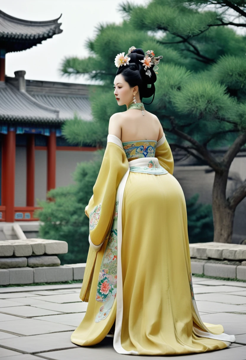 The image of a Qing Dynasty Empress with her bare buttocks visible. The background is the stone paving outside a Chinese palace during the Qing Dynasty. Only her large buttocks are sticking out. She is either wearing underwear or not. Her protruding buttocks are floating up in the air.
Her hair is decorated with a large flower ornament and a large crown.
The back of the hair is tied up and up. Erotic Woman