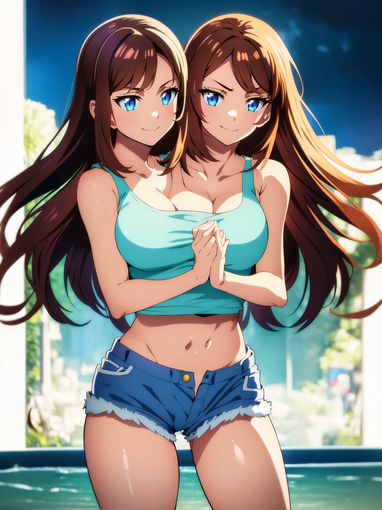 (highest quality, amazing details: 1.25), large breasts, detailed eyes, detailed face, (2heads:1.5), 1girl, anime girl with two heads, tan brown hair color, light blue eyes, seductive, sexy woman, beautiful, ((white tank top)), smiling, exposed midriff, denim jeans, ((grasping hands))