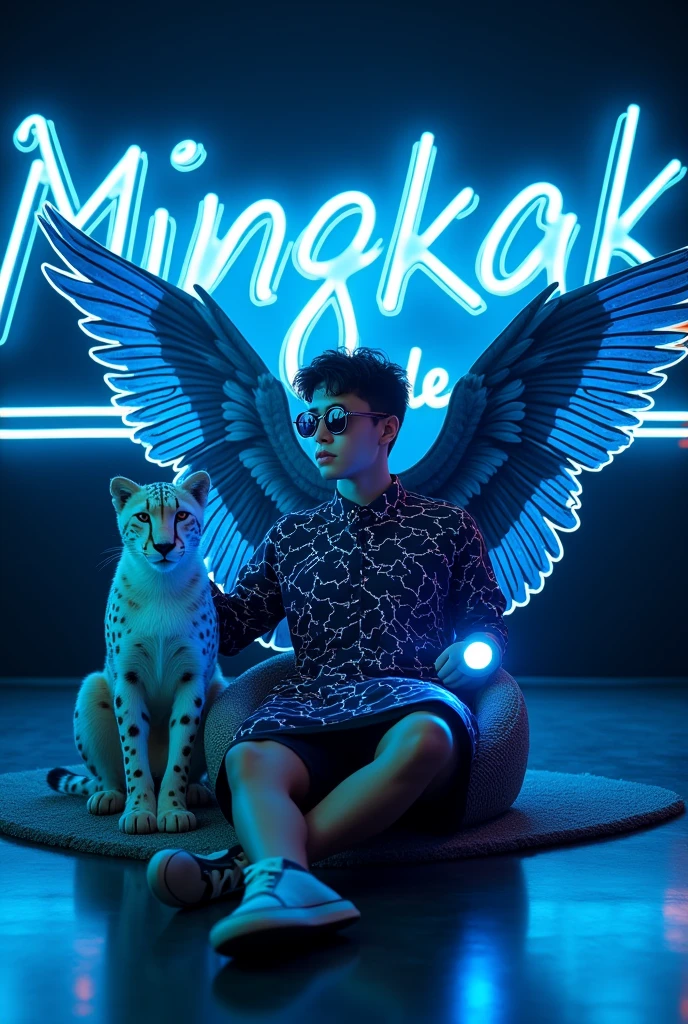 Create a 3D illusion for a profile picture where a handsome 20 year old young man with sunglasses and a blue and black lightning dress sits relaxed on a helicopter fantasy. With HandPanch hand blue neon light. And a fierce White Cheetah by my side. Wearing sneakers, he looked ahead. The background features a large &#39;Mingkak&#39; in the large Light Game Room and a large blue neon light font on a large black wall.. There should be no shadow, and there are wings to be made