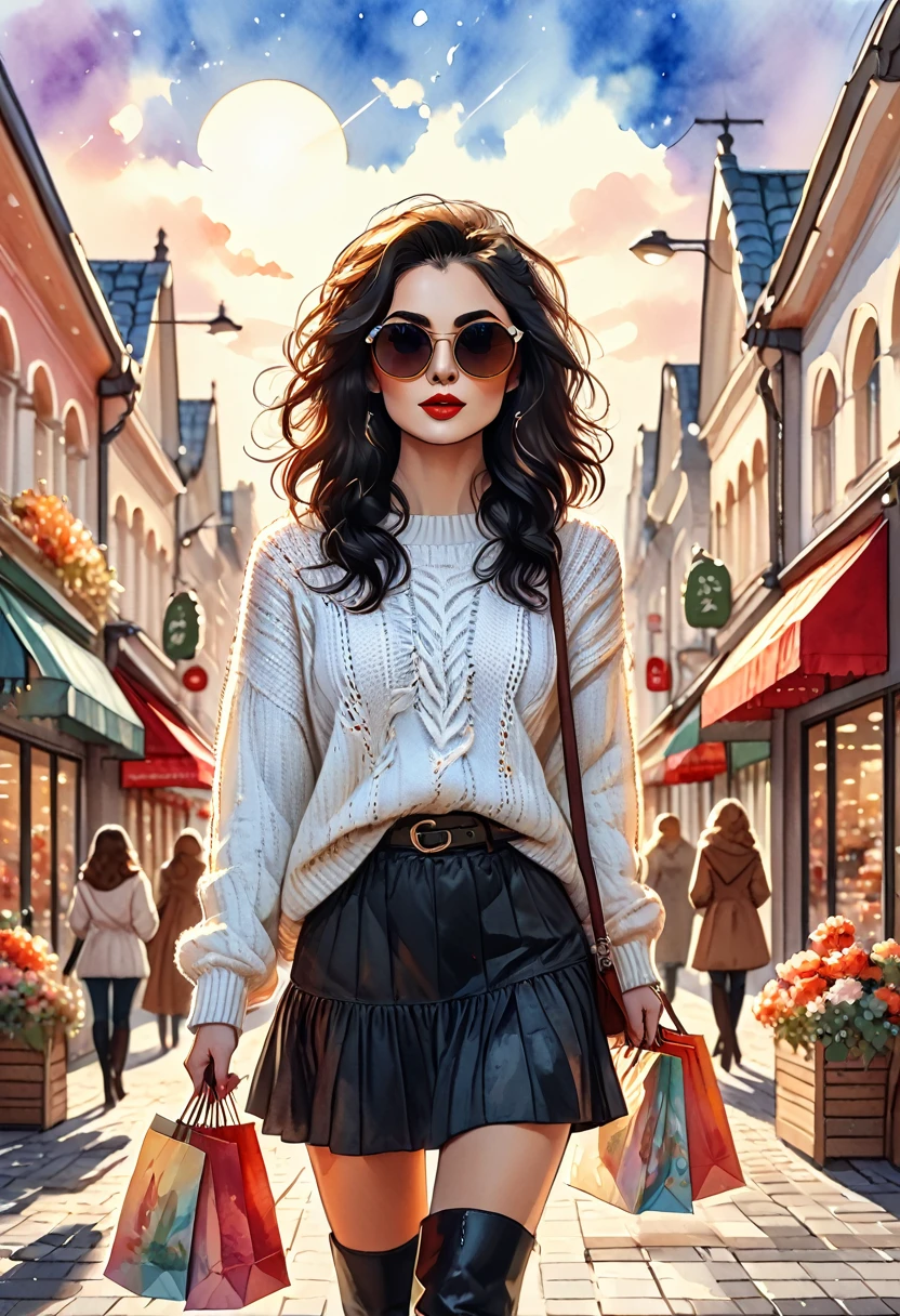 kawaii style, masterpiece, best quality, solo representation of a russian woman with wavy black hair wearing sunglasses, looking straight at the viewer. She is wearing a white sweater paired with a black skirt and long black boots. The scene is depicted as a cartoon-style watercolor illustration. She is actively shopping, surrounded by various stores and shopping bags, creating a lively and dynamic environment