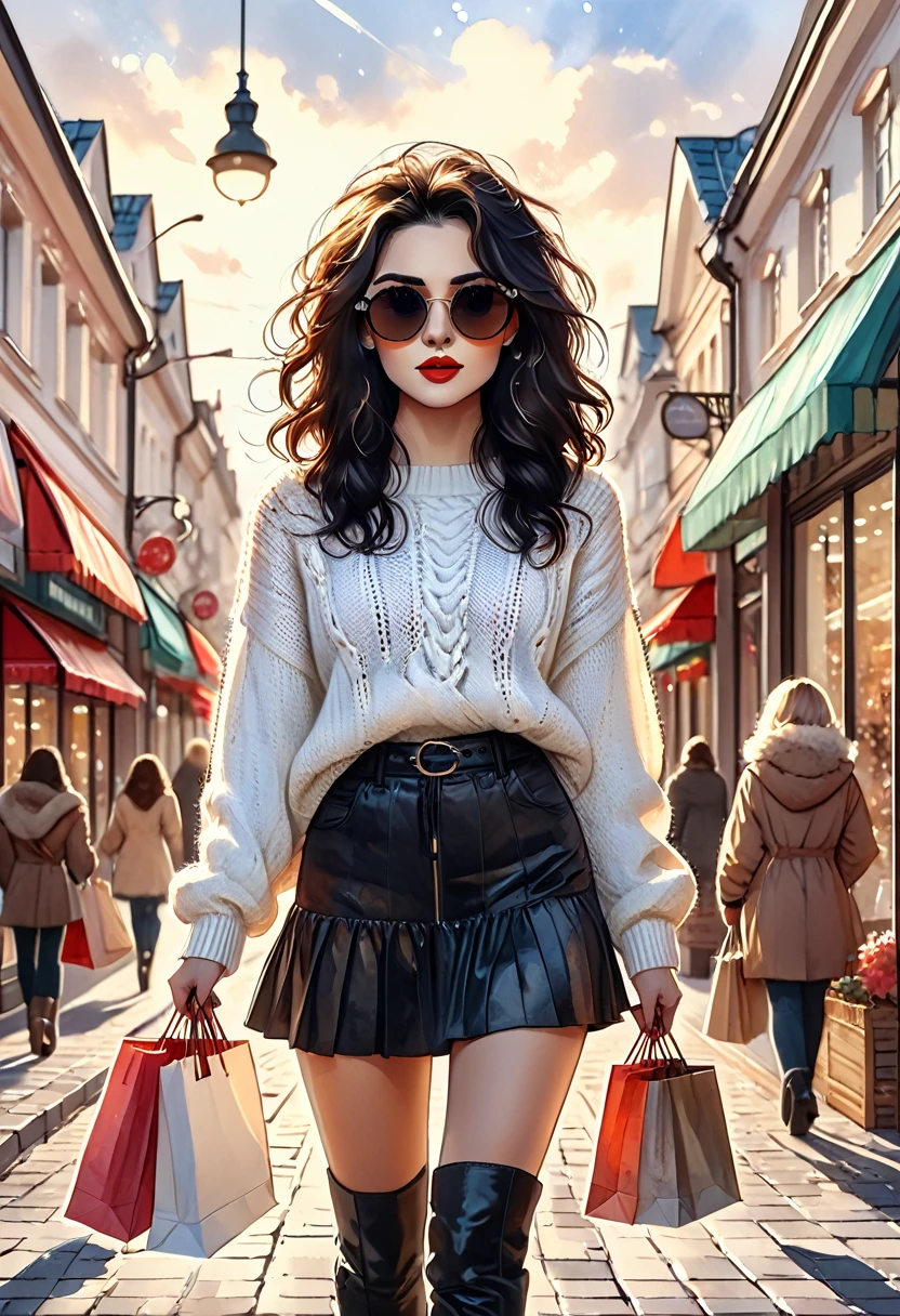 kawaii style, masterpiece, best quality, solo representation of a russian woman with wavy black hair wearing sunglasses, looking straight at the viewer. She is wearing a white sweater paired with a black skirt and long black boots. The scene is depicted as a cartoon-style watercolor illustration. She is actively shopping, surrounded by various stores and shopping bags, creating a lively and dynamic environment