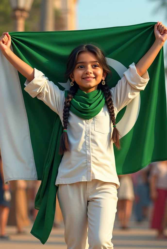 4 year old girl holding Indian flag in her hand, wearing white kurti and black leggings.