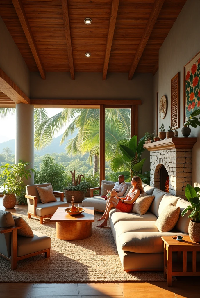 Cozy tropical living room with wood furniture