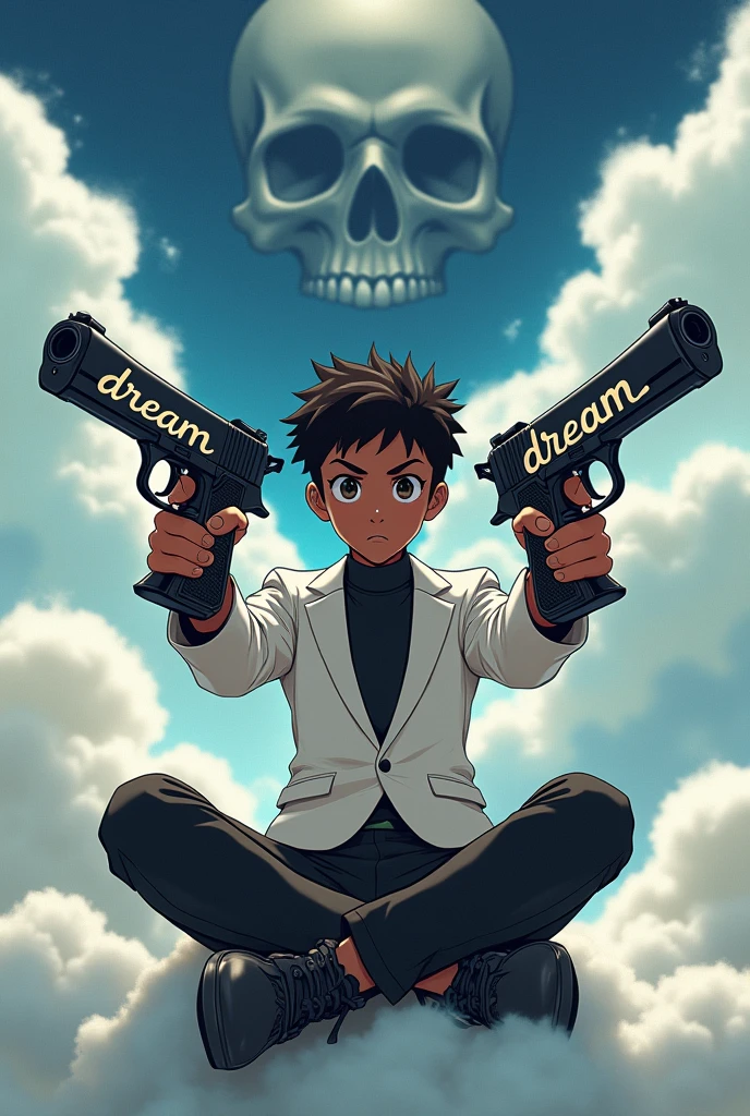 black kid anime kid with guns that have the word dream in cursive while he is sitting on clouds with a skull and he has a white suit all black pants