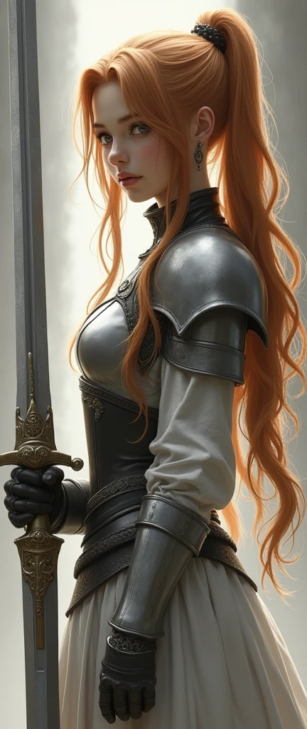 Theme of the game Final Fantasy. Image of a bronze-haired girl standing holding her favorite sword, wearing light armor in black and white, pastel colors, and dramatic tones. A masterpiece with the highest resolution , Image type semi-realistic