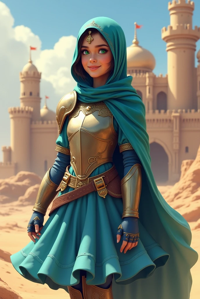 masterpiece, best quality:1.2), smiling at the viewer, arabian warrior princess girl with green eyes, wearing blue hijab headscarf, armor, armored dress, blue puffy princess skirt, green cape, armored boots, blue fingerless gloves, standing in front of desert castle