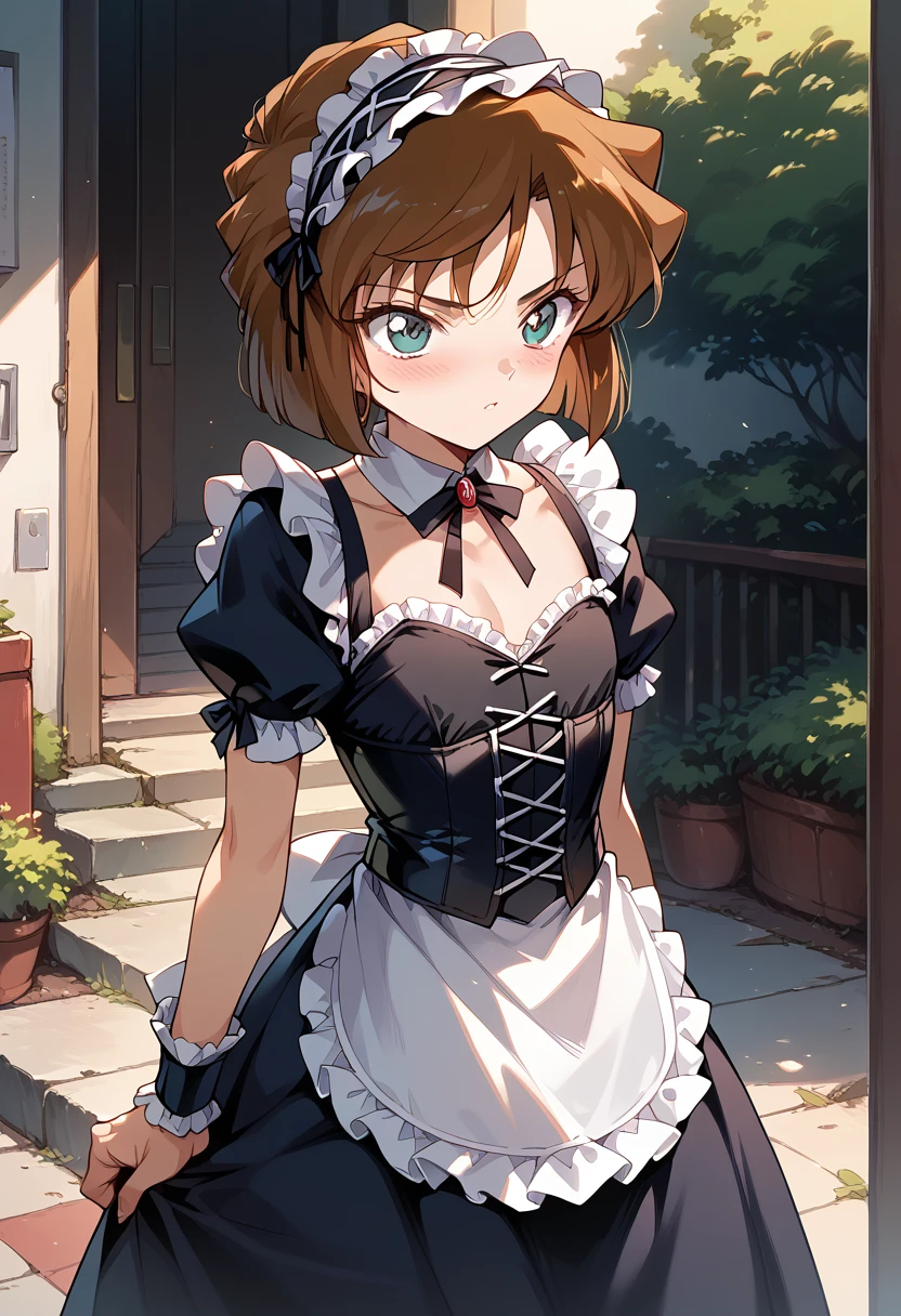 masterpiece,High resolution,Highest quality,8k(Detective Conan,ai haibara) (***************,,Flat Chest,Short,Brown Hair,short hair) ((Gothic ****ta maid outfit,Headband))Standing posture,blush