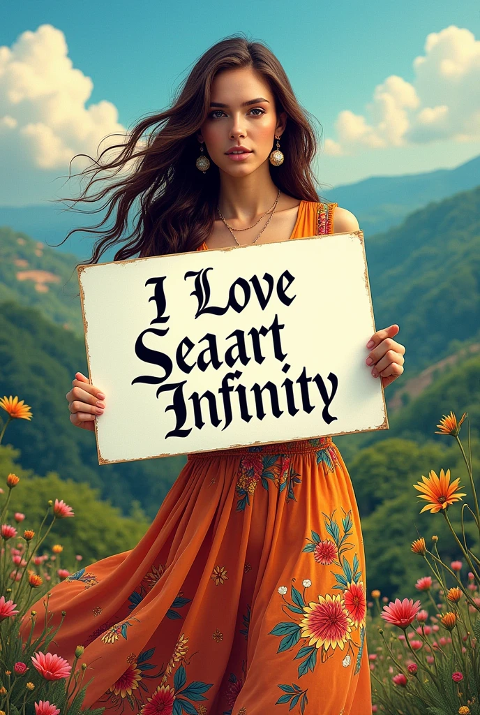 Beautiful girl with wavy long hair, bohemian dress, holding a white board with text "I Love Seaart Infinity" and showing it to the viewer You can use bright tones as a background with images of Venezuelan landscapes and in the center comes the name Estampas de San Carlos in gothic typography and in black
