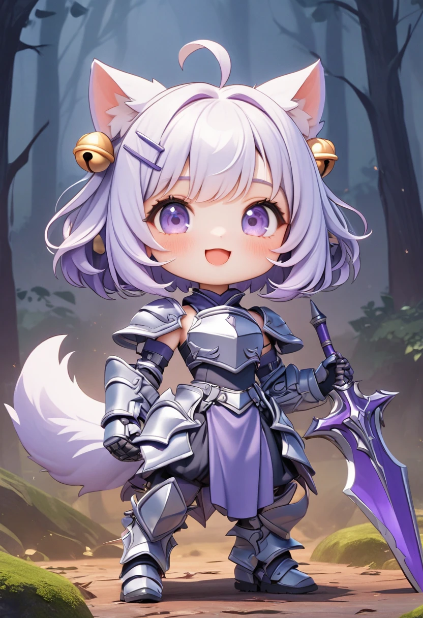 master piece, best quality, ultra-detailed, illustration, 1girl, solo, chibi, (big head), cute pose, front view, looking at viewer, ((full body Close up)), filian, filianoverall, Filiansailor, ((white hair)) , short hair, shoulder length hair, fly-away hair, (purple hair ornament:1.3), bangs, (purple hairclip:1.3), cat ears, (hair bell:1.3) ahoge, purple eyes, open mouth, smiling, (white fox tail), ((spear knight outfit)), knight's armor, metal breastplate, armored gloves, holding a spear , metal greaves, armored boots, spooky forest background, gloomy atmosphere, broken trees