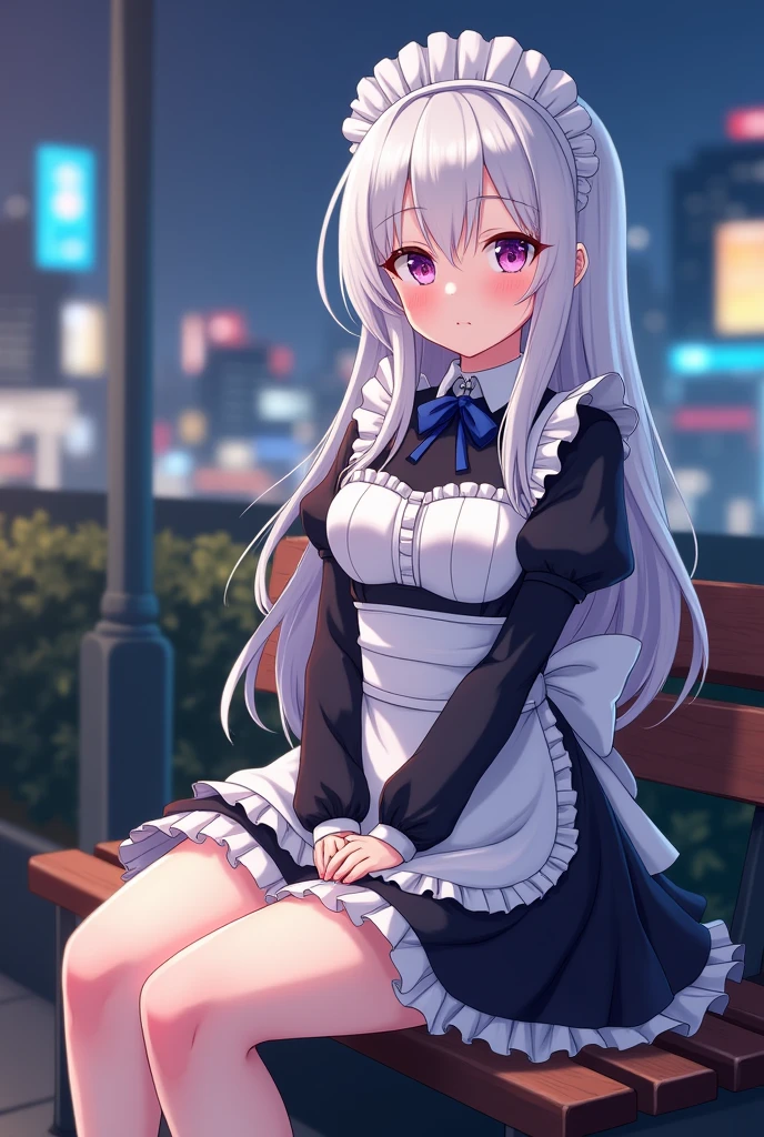 An anime girl in a maid costume sits on a bench against the backdrop of the city, the best anime 4k Konachan wallpaper, small details. girls on the front line, sweet, girls on the front line, from the video game Azur Lane, nightclub, Azur Lane, cute anime style waifu in a beautiful dress, perfect white haired girl, seductive anime girl, Smooth anime CG Art