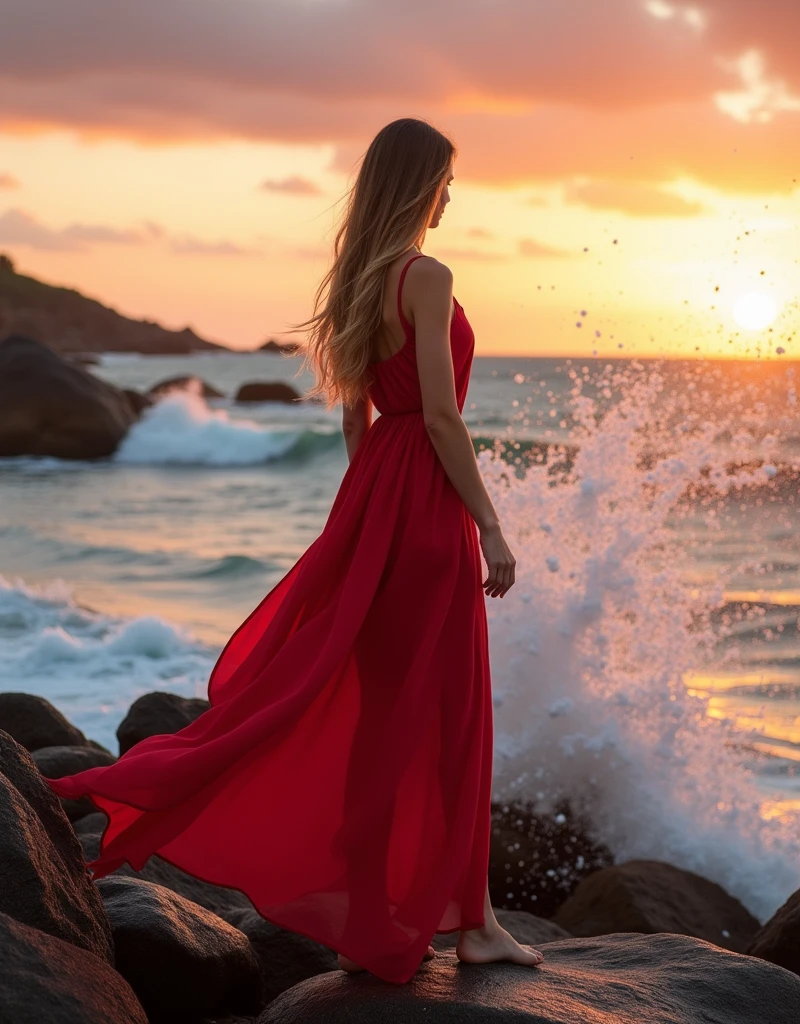 High Quality, High Resolution, Best Composition, Photorealistic, Summer Beach Scene, Waves crashing on rocky beach, Big splash, Woman standing, Perfect Beauty, Long Hair, Straight Hair, Long Red Dress Swaying in the Wind, Full Length Image, Sunset over the horizon, Reddening clouds, Fantastic, Beautiful Beautiful scenery.