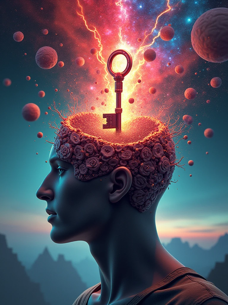 Human head ,mind being opened , by futuristic key , key to knowledge , curiosity key , with vibrant colors , bright coloured , com tons de vermelho , brain explosion , unlimited key , information brain , psyshedelic , human skin tones , background with horizon ,futuro -variation -
