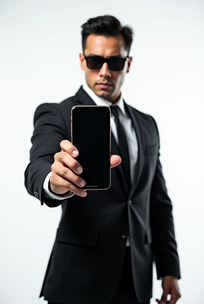 Asian strong buff man(He is strong,buff,confident, wears a suit and sunglasses and look fearless holding phone.)showing phone with white background side view