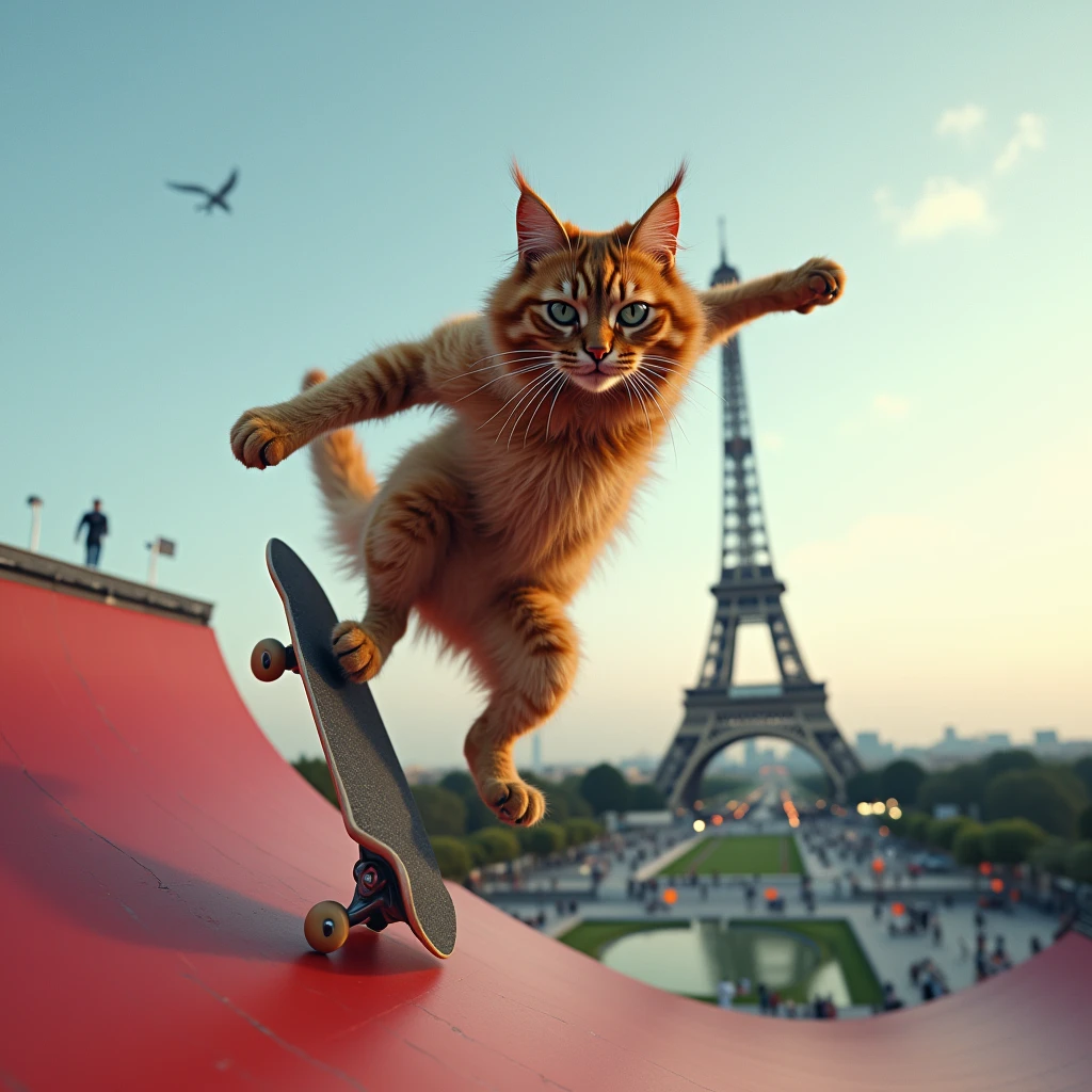 a maine coon cat jumping down from a high skateboard ramp at the 2024 paris olympics, eiffel tower in the background, dynamic action pose, realistic photographic style, 8k, high resolution, hyper detailed, cinematic lighting, dramatic shadows, vibrant colors, feline agility, physics simulation, slow motion, professional sports photography