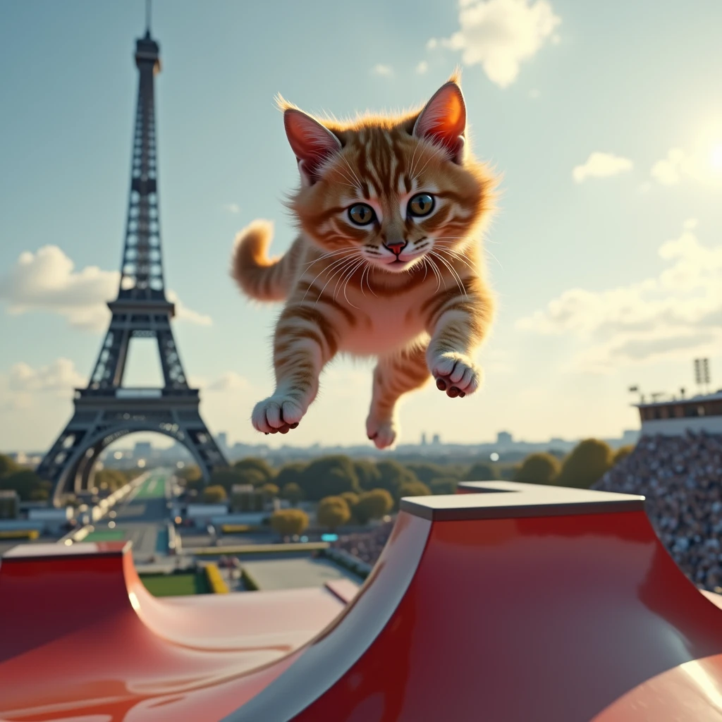 a maine coon cat jumping down from a high skateboard ramp at the 2024 paris olympics, eiffel tower in the background, dynamic action pose, realistic photographic style, 8k, high resolution, hyper detailed, cinematic lighting, dramatic shadows, vibrant colors, feline agility, physics simulation, slow motion, professional sports photography