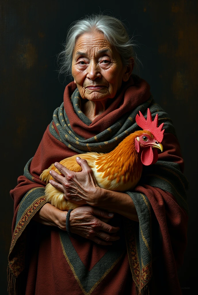 uman damle, baroque art, , mysterious, provocative, Symbolic, complex, detailed, (masterpiece, Maximum quality, elderly Mexican indigenous Otomi woman,(indigenous traits)with Mexican woven shawl, held a chicken, high contrast,.very dark,. style photos of, uman damle, Caravaggio