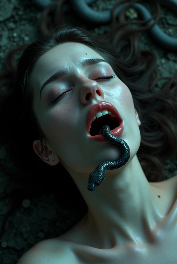 Woman going from mouth to ground toung road night horror scene