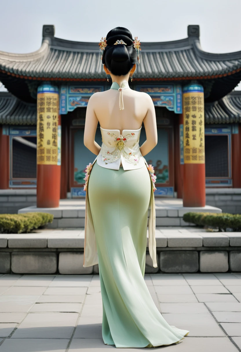 
The image of a Qing Dynasty Empress with her bare buttocks visible. The background is the stone paving outside a Chinese palace during the Qing Dynasty. Only her large buttocks are sticking out. She is either wearing underwear or not. Her protruding buttocks are floating up in the air.　　　　　　　　　　　　　　　　　　　　　　　　　　　　　　
Her hair is decorated with a large flower ornament and a large crown.　
The back of the hair is tied up and up.　Erotic Woman