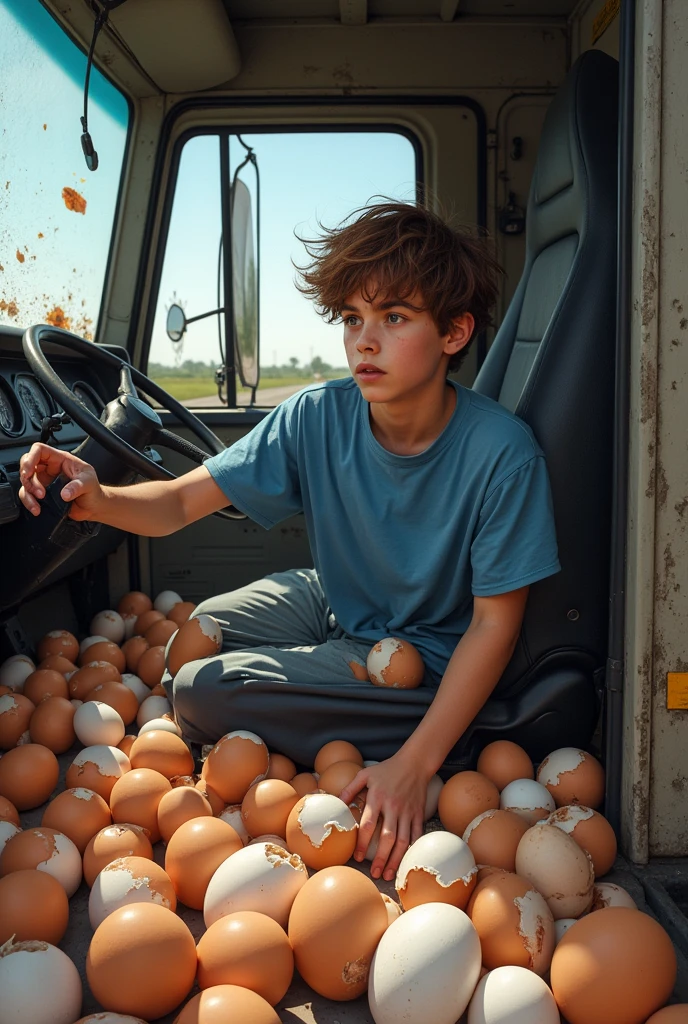 A brown-haired 15 year old France man in a blue T-shirt drives a truck that rolls over with his boday have many egg