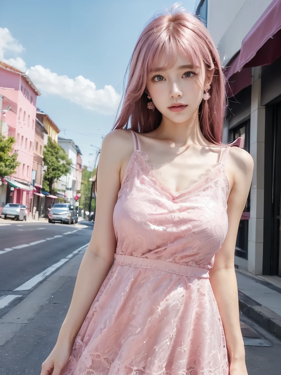a woman posing on the street corner with Pink Dress on, Highest quality, High resolution, 8k, 1peopleの女の子, (Huge breasts), Day, bright, Outdoor, (street:0.8), (people々, crowd:1), (lace trim dress:1.5, Pink clothes:1.5, ピンクのCamisole dress:1.5, Camisole dress, Pink Dress: 1.5), nice, (Medium Hair), Beautifully detailed skies, Beautiful earrings, (Dynamic pose:0.8), (Upper Body:1.2), Soft lighting, Wind, Glowing Skin, View your viewers,Pink Hair、Hair color: Pink