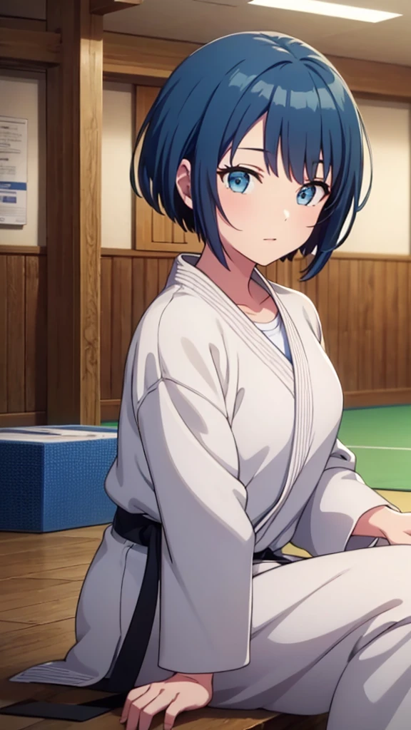 ((masterpiece, Highest quality, Very detailed, Very nice 8K CG wallpaper)), , A little thick, Medium Hair, Blue Hair, short hair, blue eyes,judo player、長袖judo着、Large bust、ロングjudoパンツ、judo、Cute expression、Inside the judo Gymnasium、、On the tatami、discovery、One Girl、whole body、rest、Haruka Kiritani、Bust Size C Cup、love affair、Date、Confessed