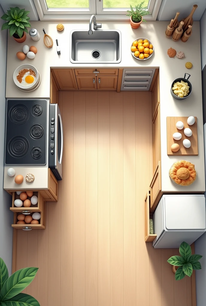 Work Triangle: Arrange the stove, sink, and refrigerator in a triangular layout to minimize movement between these key areas.
Prep Area: Place a spacious countertop near the stove for cracking and beating eggs.
Storage: Have an accessible drawer or shelf near the prep area for storing egg-related tools like beaters, spatulas, and measuring cups.
Cooking Station: Position a non-stick skillet or frying pan close to the stove for easy cooking.
Cleaning Zone: Place the sink near the prep area for easy cleanup, with dish soap and sponges within reach.
Utensil Organizer: Use a utensil drawer or container near the prep area to keep essential tools like whisks, tongs, and ladles handy.