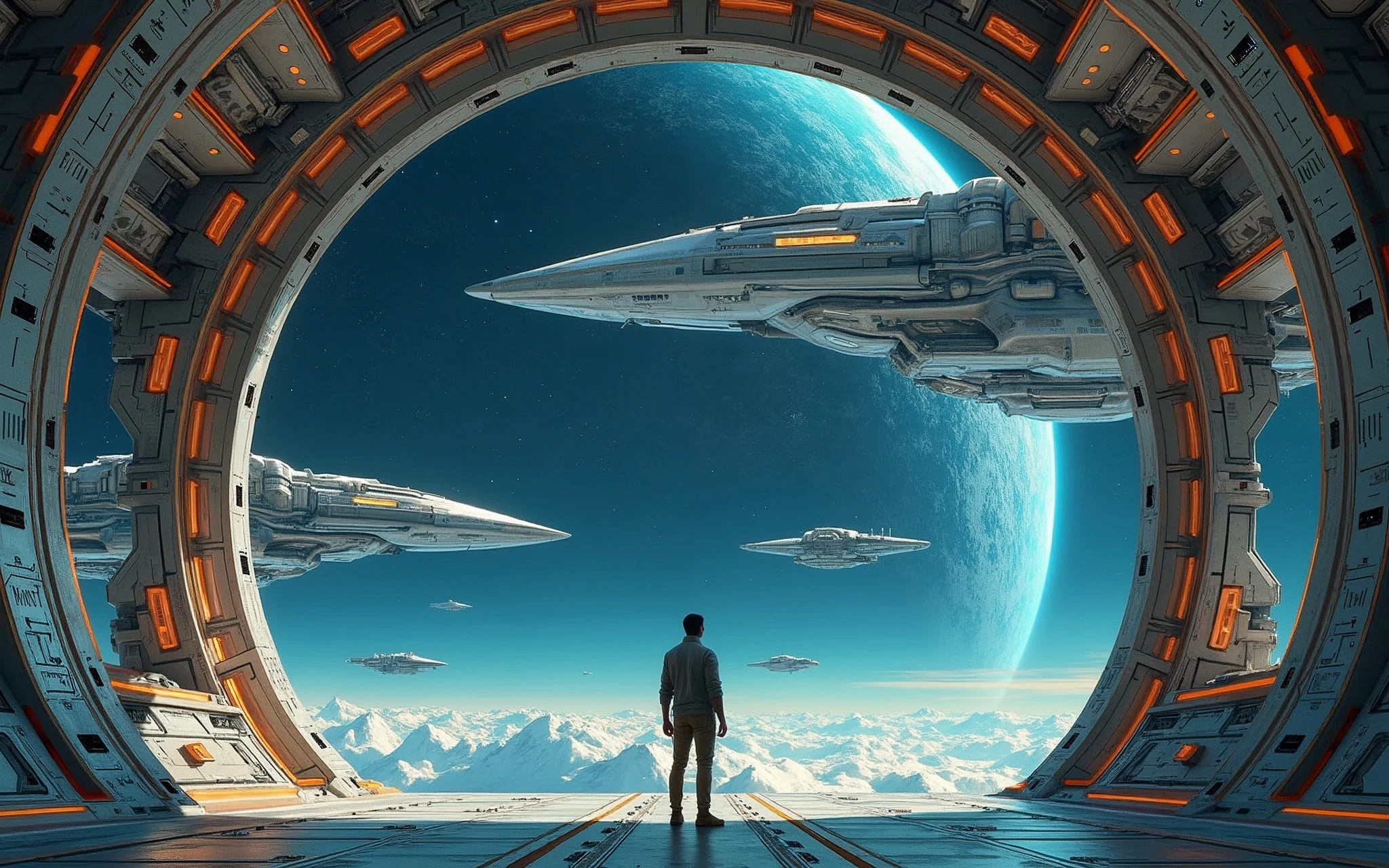 spaceships and ships in a space station with a star in the background, moebius art, noriyoshi ohrai masterpiece, moebius illustration art, moebius artwork, by Noriyoshi Ohrai, art of moebius, ralph mcquarie, ralph mcquarrie concept art, ralph mcquarrie. centered image, by Moebius, a close up of a man standing in front of a spaceship, artist katsuhiro otomo, by Philippe Druillet, geof darrow art, 8 0 s sci - fi comic art, katsuhiro otomo, geoff darrow, inspired by Philippe Druillet, kastuhiro otomo, moebius artwork