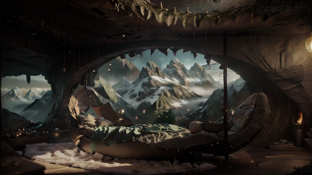 fireplace view of mountains, magical environment, cozy enchanting scene, fantasy setting, beautiful magical cave scene, fantasy setting có bầu không khí, inside the hobbit hole, fantasy landscape, Detailed scenery, Cozy place, in the hobbit house, fantasy setting, fantasy landscape ấn tượng, Cozy environment, fantasy blur, Cute, Detailed scenery, magical scenery