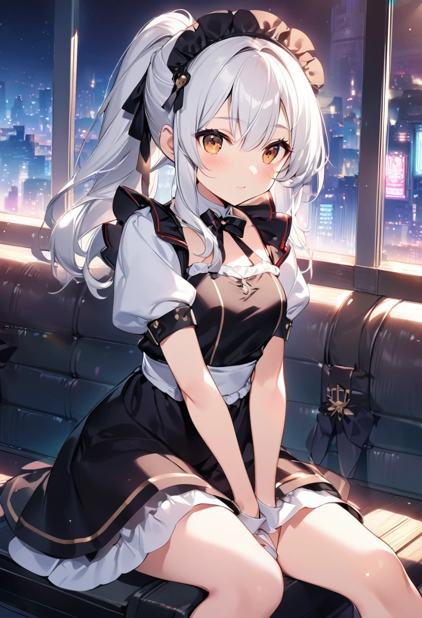 An anime girl in a maid costume sits on a bench against the backdrop of the city, the best anime 4k Konachan wallpaper, small details. girls on the front line, sweet, girls on the front line, from the video game Azur Lane, nightclub, Azur Lane, cute anime style waifu in a beautiful dress, perfect white haired girl, seductive anime girl, Smooth anime CG Art