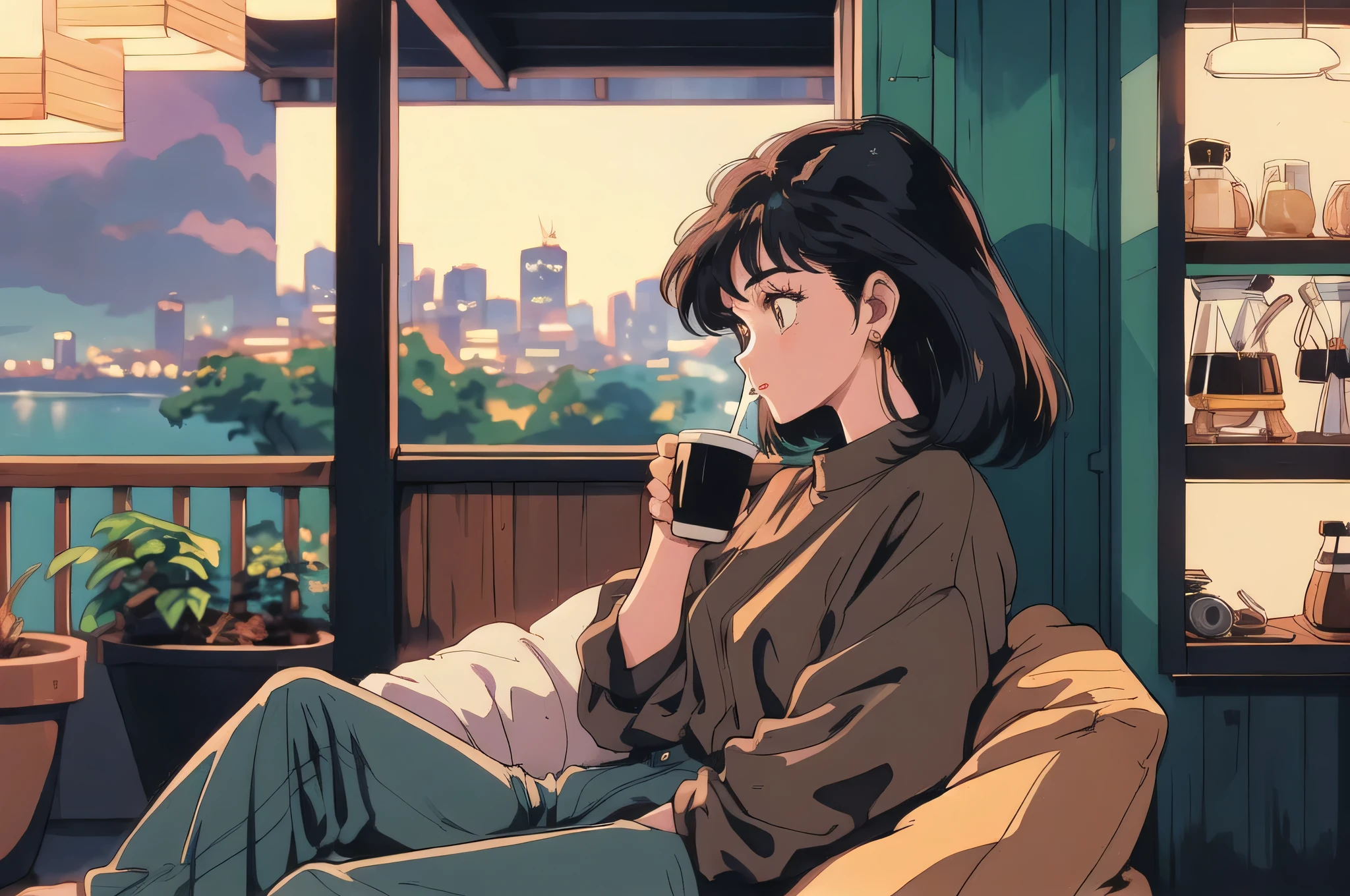 Highest quality, 8k, 1990s style,Hairstyles of the 2010s, 21 year old girl, Black Hair, Bob Hair, Light brown eyes, City Pop, pants ,Night view, Relax on the veranda、,コーヒーを飲む, whole body, Relax Coffee,profile