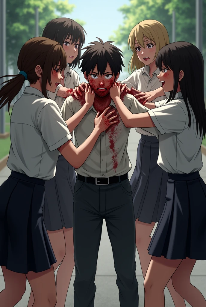 Group of school girls in black skirts murdering a boy on the floor by strangling him by the neck with their hands