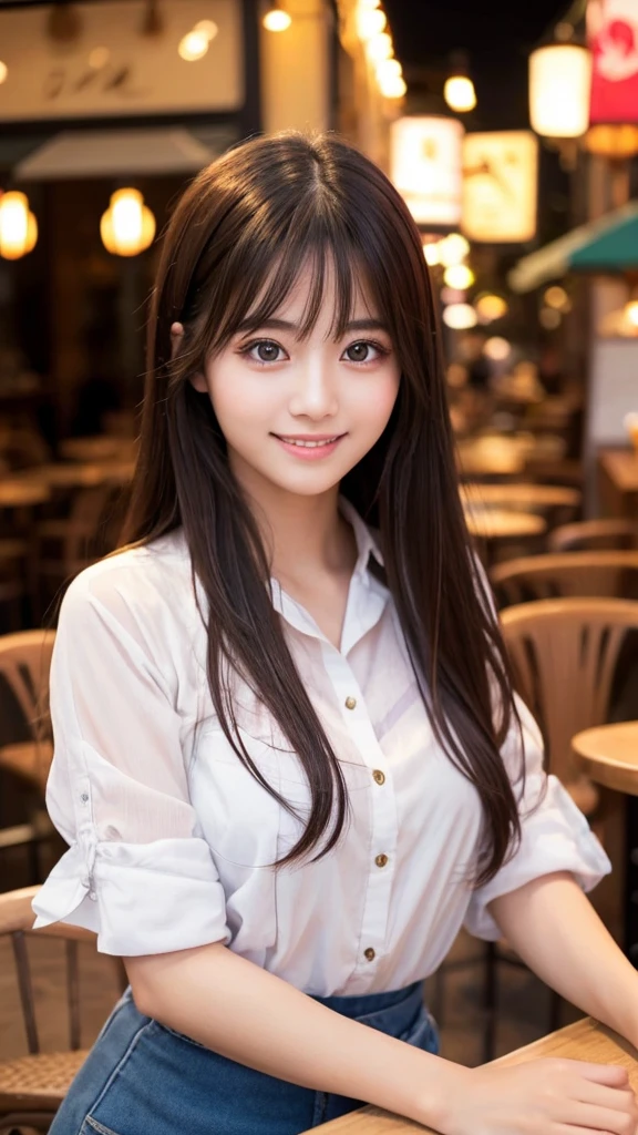 Cute girl working at a cafe terrace　Japanese　１９age　
Professional Lighting　Digital SLR　Beautiful and elaborate face　Perfect and beautiful face　Big eyes Smile